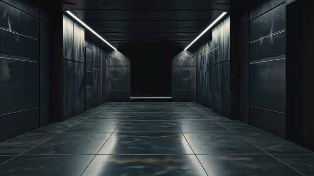 Futuristic black sci fi lab with shadowy hallways and subtle lighting, Futuristic black sci fi lab, empty and shadowy with minimalist wall lighting