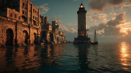 Fototapeta premium Coastal Sunset Over a Ruined Town