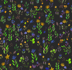 Hand painted watercolor allover seamless flowers and plants. Seamless Ditsy Floral Pattern wallpapers , banner, textile , spring summer black baground.