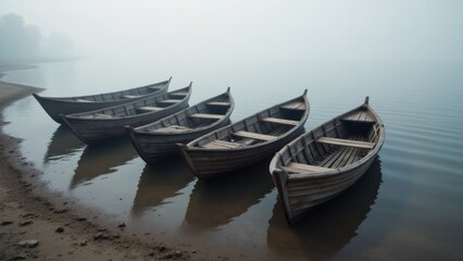 Obraz premium Rowboats on Shoreline in Foggy Lake, Serene Landscape