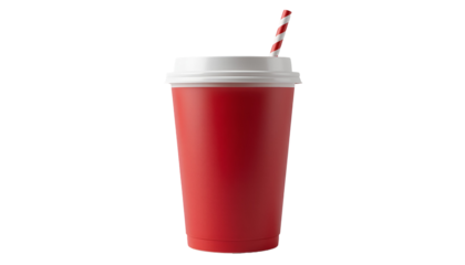 Red disposable paper coffee cup, full, with white lid and straw isolated on transparent background