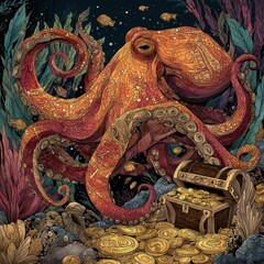 Obraz premium A large octopus guarding a treasure chest.