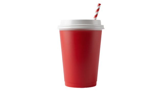 Red disposable paper coffee cup, full, with white lid and straw isolated on transparent background 