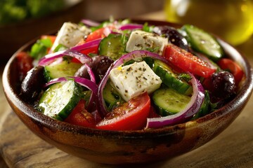 Fresh salad with tomatoes, cucumbers, red onion, feta cheese, and olives served in wooden bowl for nutritious meal