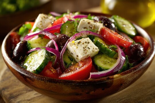 Fresh salad with tomatoes, cucumbers, red onion, feta cheese, and olives served in wooden bowl for nutritious meal
