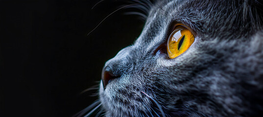 closeup of a cat with striking yellow eyes. Captivating feline portrait against a dark background. Domestic pet, animal beauty. Cat Wallapaper background