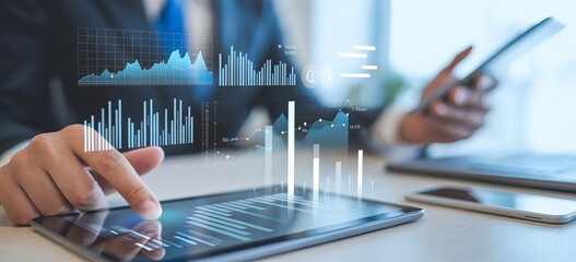 Businessman using a tablet to scan financial data and graphs on a screen. The business person is analyzing a business graph of the stock market or a trend chart for various B2B products' growth plan