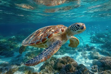 Fototapeta premium Majestic Sea Turtle Gracefully Glides Through Azure Waters near Coral Reef, Sunlight Filtering Through Surface, Marine Life Habitat