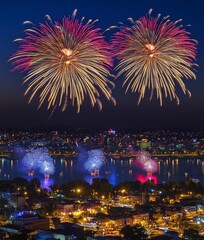 Obraz premium The cityscape is illuminated by dazzling fireworks on an energetic New Year's Eve, amidst a lively crowd and captured in high resolution 300 dpi
