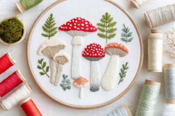 Colorful embroidery artwork featuring various mushroom designs surrounded by green leaves and spools of thread, showcasing intricate textile craftsmanship and artistic creativity