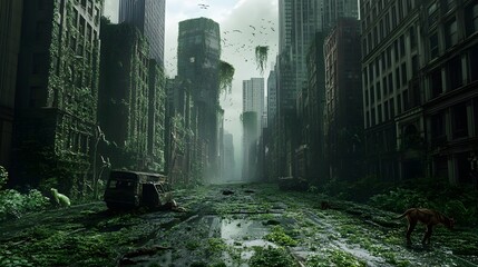 Apocalyptic City: The aftermath of a global cataclysm, showcasing a city reclaimed by nature, with overgrown buildings, an eerie desolation, and the lingering shadows of human absence.
