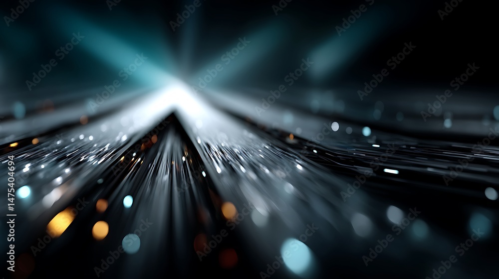 Poster metallic fibers with light streaks and bokeh on a dark backdrop abstract