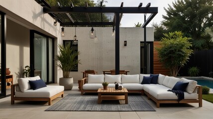 Modern outdoor patio setting with wooden furniture.