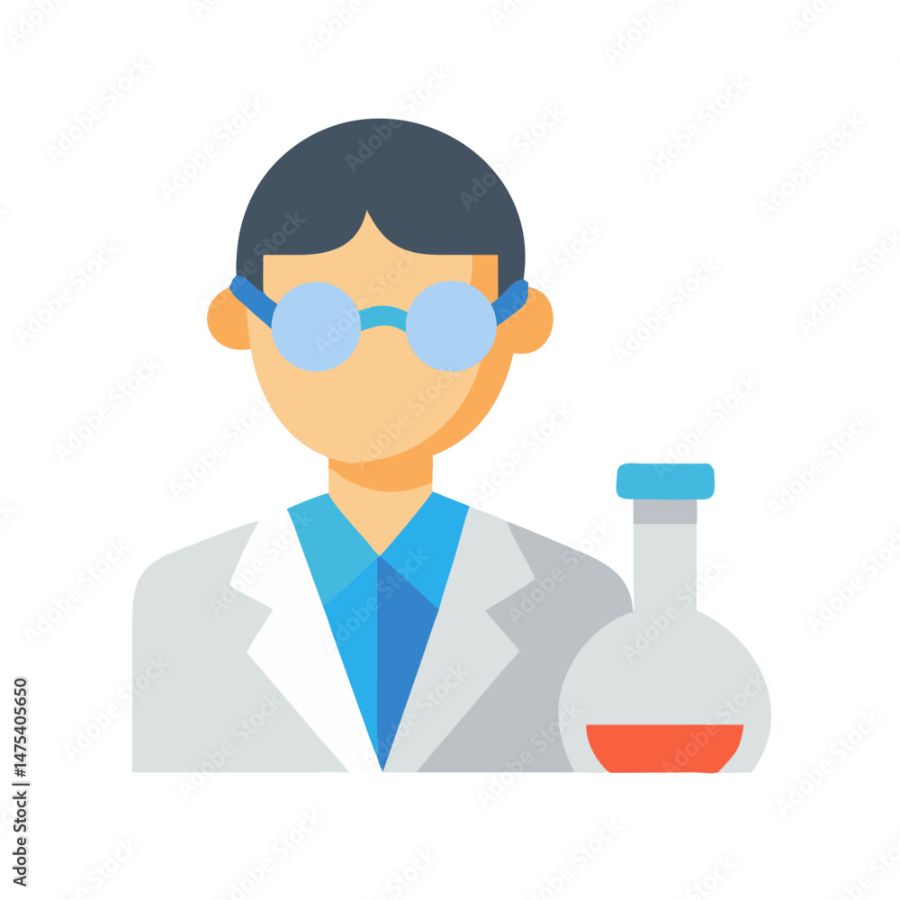 Poster scientist with flask in laboratory: research and experiment