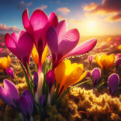 Closeup of Crocus flower with water drops