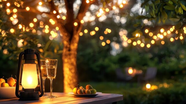 Romantic outdoor table set with string lights and lovely ambiance
