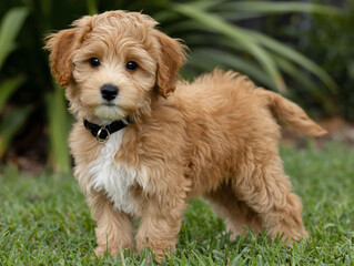 Curlyhaired puppy posing outdoors cutely