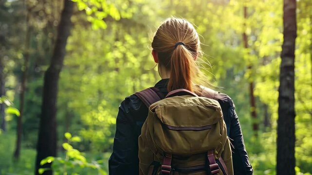 Hiking woman exploring a vibrant green forest with a backpack during spring, Hiking woman walk with a hiking backpack in spring green forest
