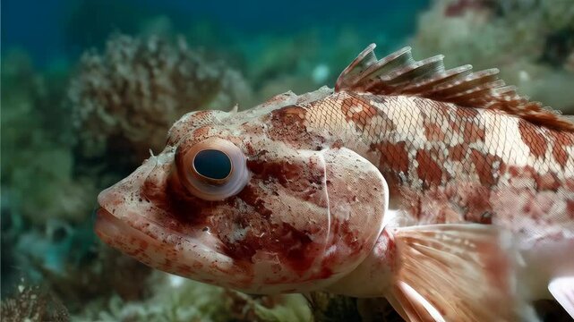 Close up of a Brown Mottled Toadfish Underwater with Seaweed in Background