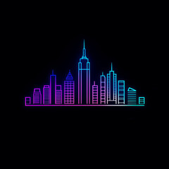 Obraz premium Neon city skyline silhouette with colorful skyscrapers on dark.