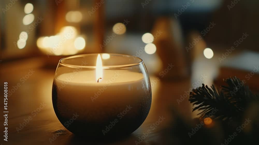 Poster cozy ambiance: close-up of a lit candle with soft bokeh lights in a relaxing setting