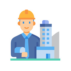 Architect with building model and hard hat icon