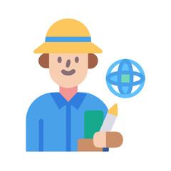 Cartoon explorer with globe. Global exploration and discovery.