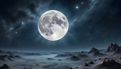 Fototapeta premium The full moon glows brightly above a mountainous terrain, creating a serene night scene.