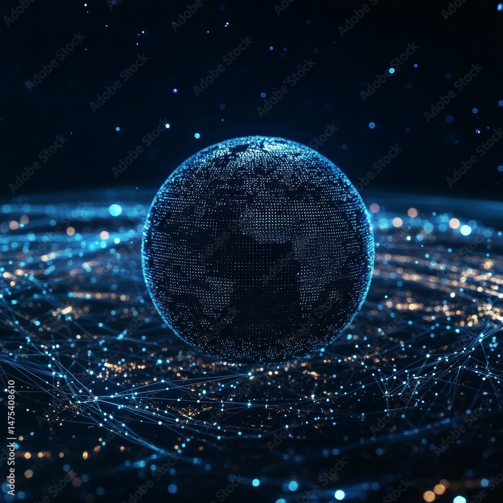 Poster a global digital map displays earth with network connections, highlighting the connected world and n