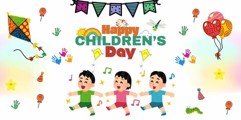 Cute Happy Children's Day Greeting Card Illustration Vector. Trendy International Children's Day Postcard Banner. Friendship, Happiness, School, Holiday, Kite Flying, Playing, Kid