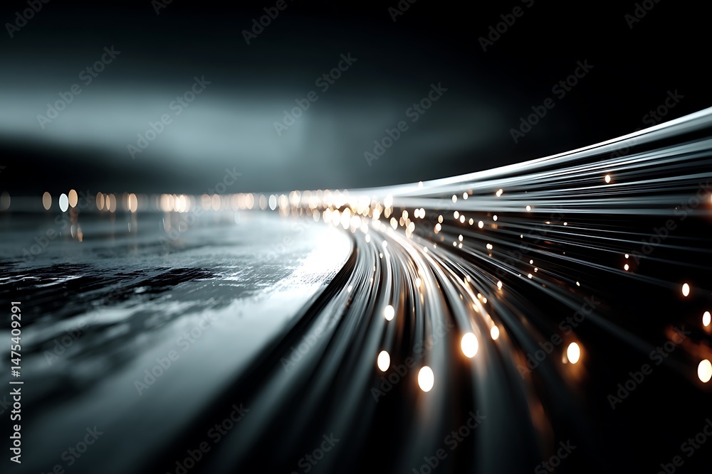 Poster optical fibers flowing with glowing light particles on a dark abstract background