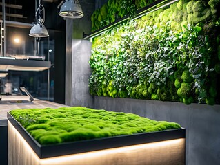 A living moss podium growing slowly under circadian rhythm lighting, wall with vertical garden system.