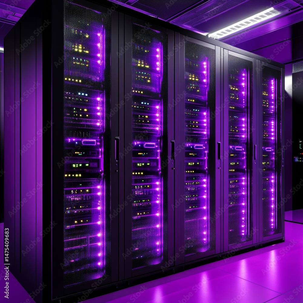 Poster a futuristic digital background featuring server racks in a data center, with a high-tech ambiance a