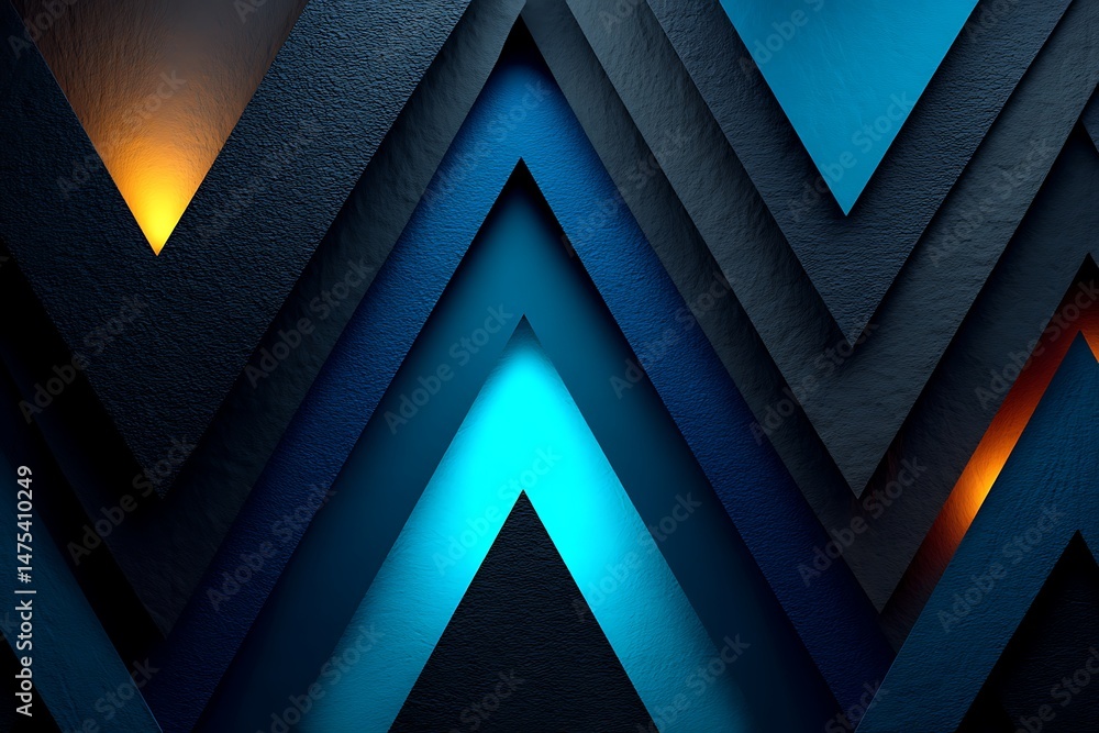 Poster overlapping chevron layers of blue and black with bright glowing edges pattern