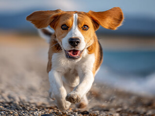 Energetic beagle dashes gleefully on a beach