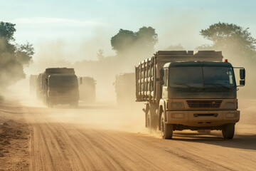 A convoy of trucks navigates a dusty road, transporting crucial demining equipment to support humanitarian efforts in a region affected by landmines, enhancing community safety
