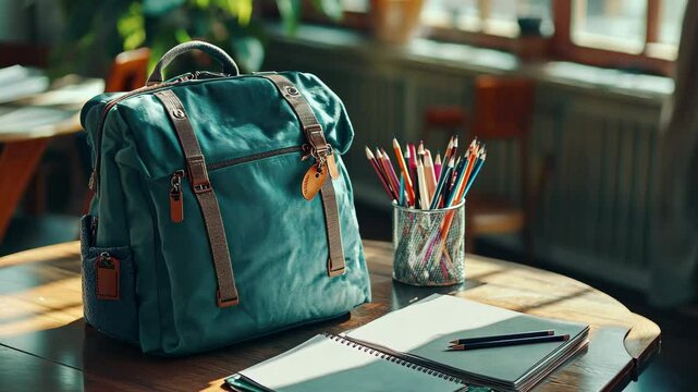 Gathering school supplies on a wooden table in a bright study area with sunlight streaming through, Backpack and School Supplies on a Table