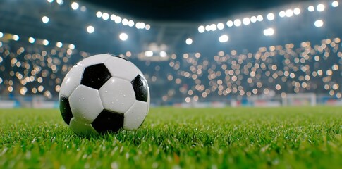 Fototapeta premium Exciting Soccer Match Under Bright Stadium Lights With a Close-Up of the Ball on the Grass