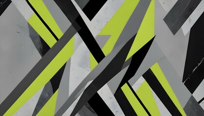A modern abstract composition featuring geometric shapes in grayscale and vibrant green.