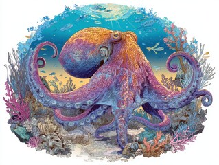 Vibrant underwater scene featuring a majestic octopus.