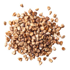 Buckwheat grains scattered on a clean white background showcasing their natural texture and color, Buckwheat on white background