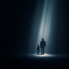 Obraz premium silhouettes of father and child walking together in darkness illuminated by dramatic beam of light symbolizing trust protection connection and emotional guidance 