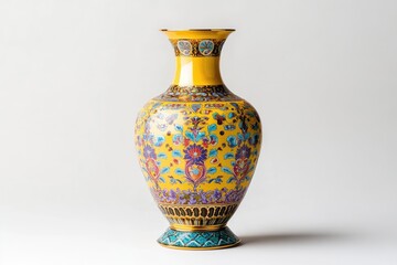 Ornate yellow vase with vibrant floral patterns and gilded accents