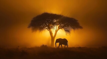 Fototapeta premium African elephant walking silhouette under large tree at sunset