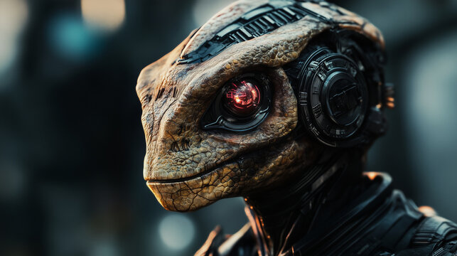 Close-up of a reptilian alien with cybernetic implants embedded into its skull