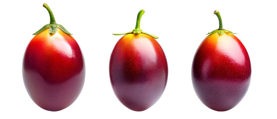 Set of ripe red tamarillo or pitomba with green stem, isolated on white transparent background