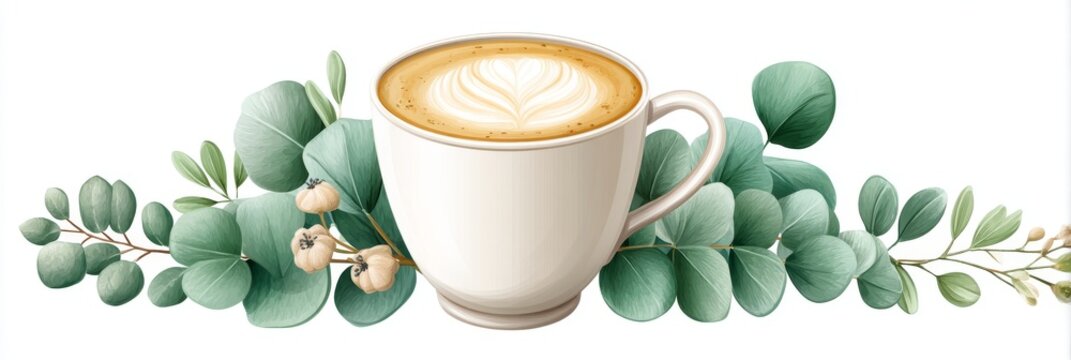 Aromatic Coffee with Eucalyptus Leaves - A steaming cup of latte art coffee nestled amongst lush eucalyptus leaves, perfect for cafe menus or relaxation themes