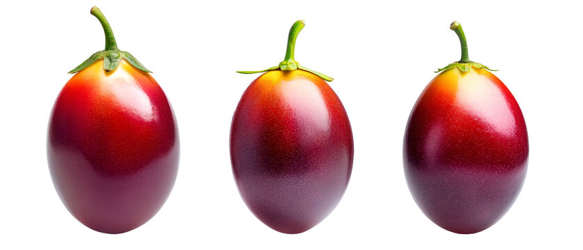 Set of ripe red tamarillo or pitomba with green stem, isolated on white transparent background