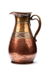 Ornate hammered copper pitcher with brass accents and a curved handle