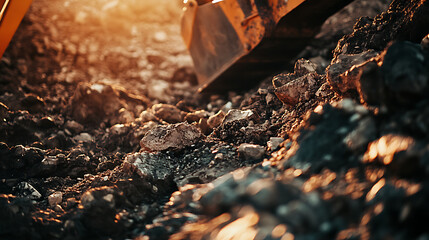 Close-up of a bulldozer blade moving rocky terrain